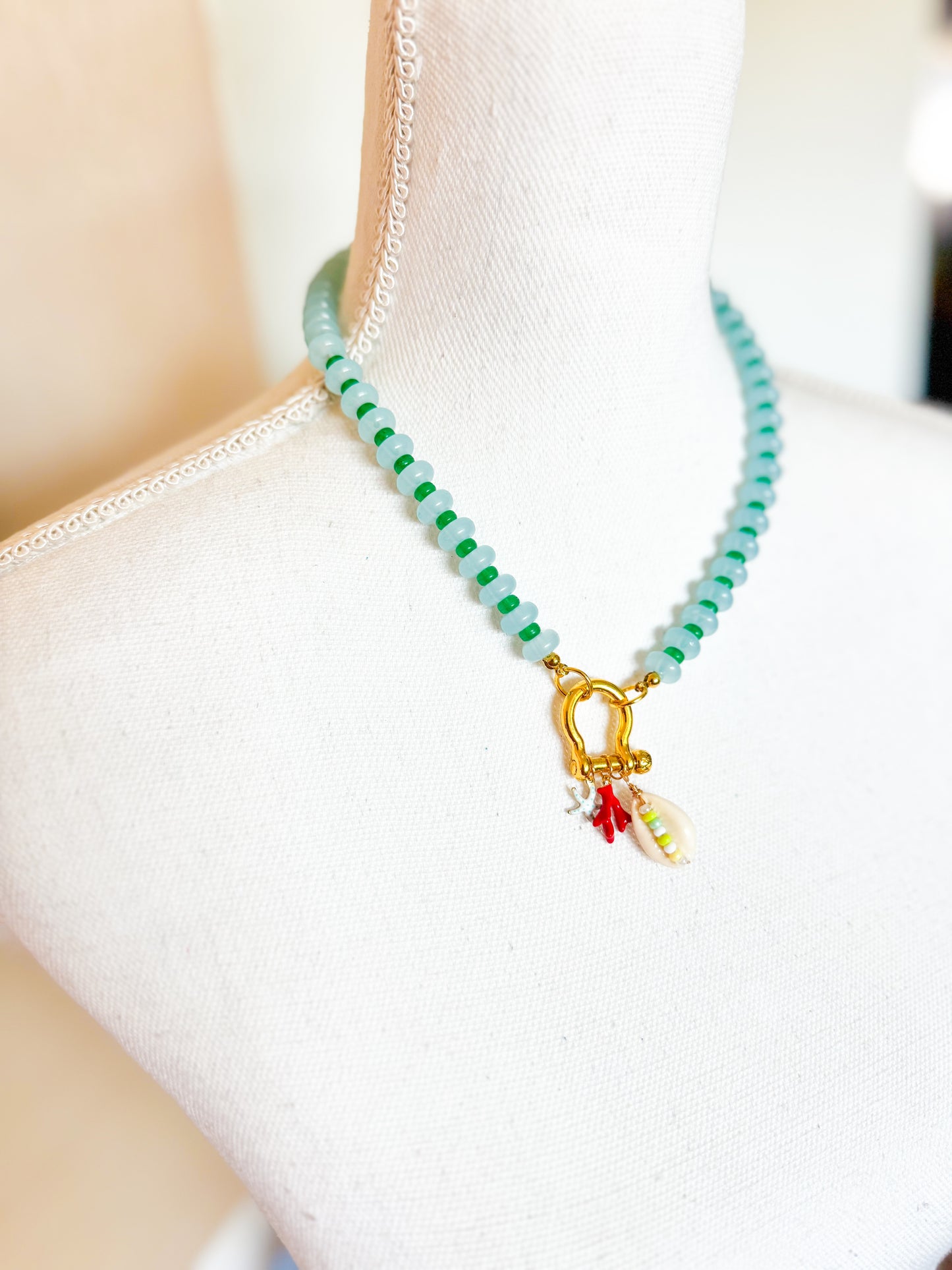 Blue & Gold Beaded Carabiner Necklace