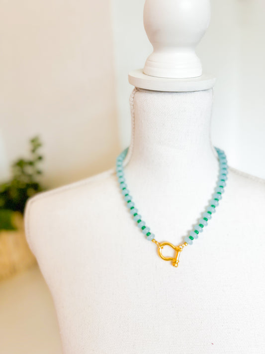 Blue & Gold Beaded Carabiner Necklace