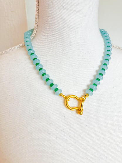 Blue & Gold Beaded Carabiner Necklace